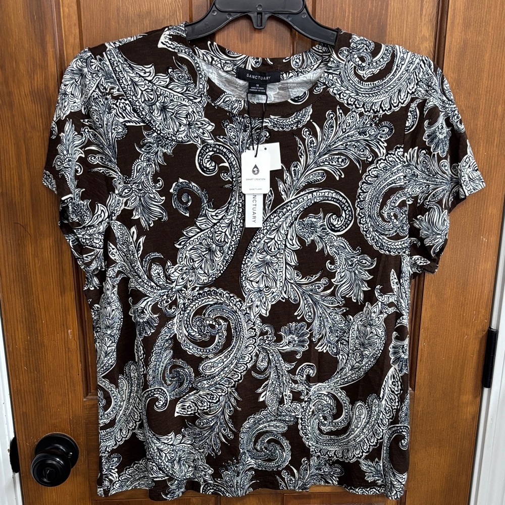 Sanctuary Paisley Blouse 1X NWT Brown White Boho Short Sleeve Flowy Top